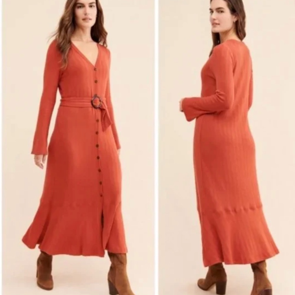 Anthropologie Elas Ribbed Belt Long Sleeve Maxi Dress